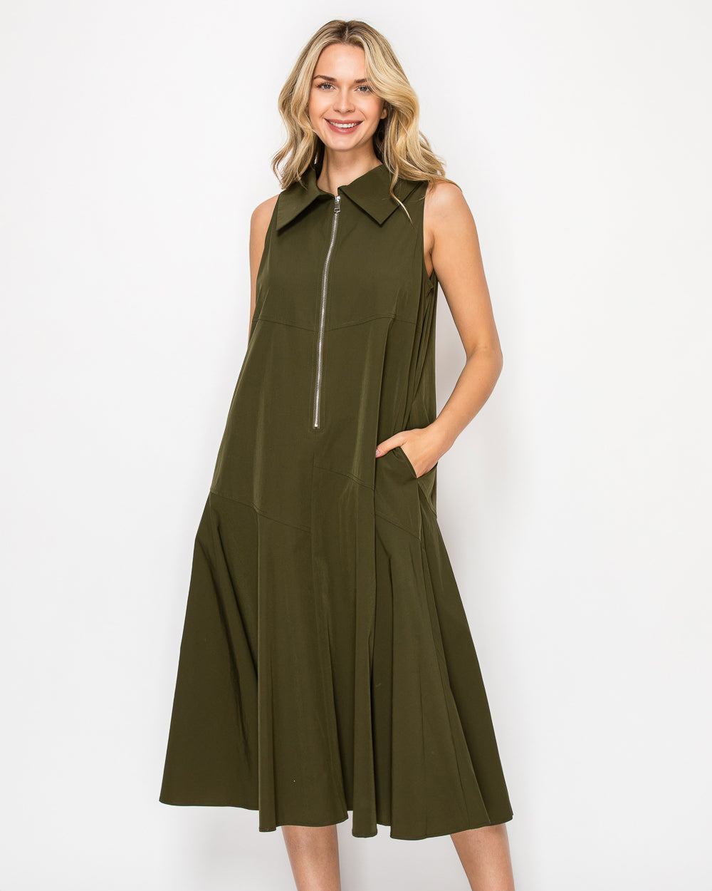 Judd Dress Olive sleeveless midi with front zip and patch pockets