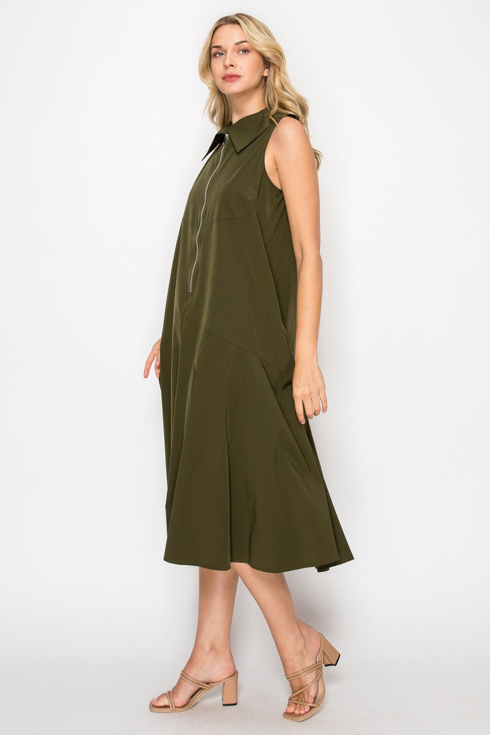 Judd Dress Olive sleeveless midi with stand collar and front zip