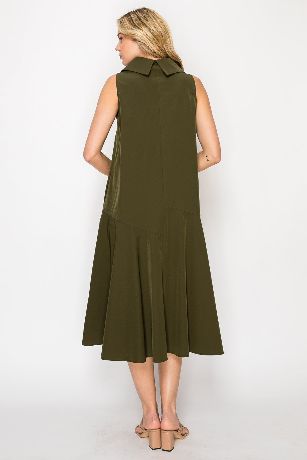 Back view Judd Dress Olive sleeveless midi with flared skirt