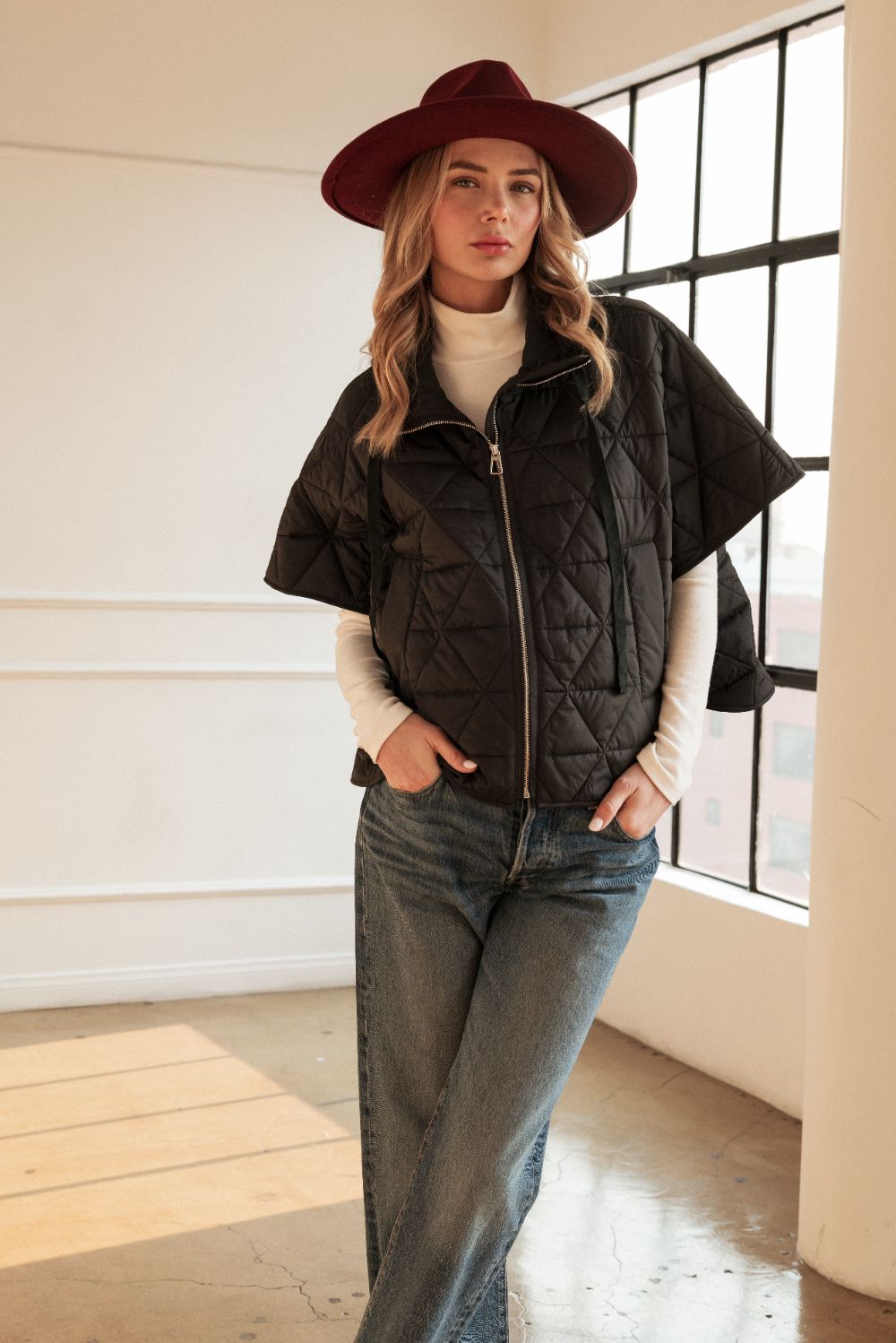 Jamel Puffer Jacket (BLACK) front view with center zipper and stand collar