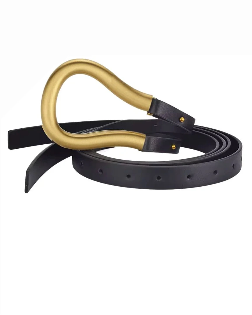 Laurel Belt in black vegan leather with unique gold brushed brass buckle, Women's Accessories, HCO
