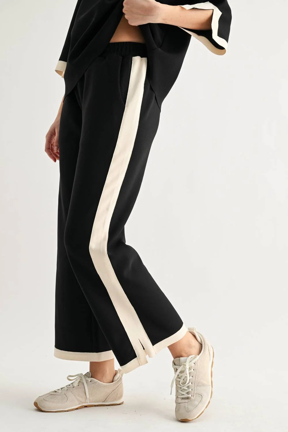 Katherine Top - Black by JOH APPAREL, black top with cream trim and matching pants