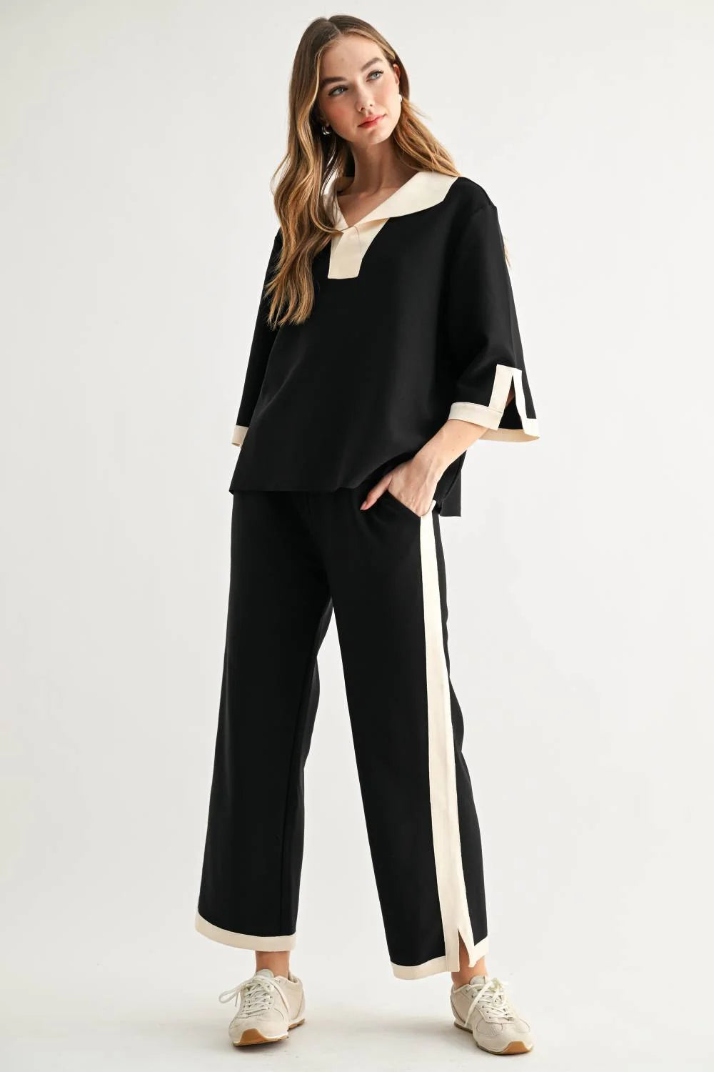 Kristopher Pant - Black by JOH APPAREL, women's wide-leg pants with cream side stripes