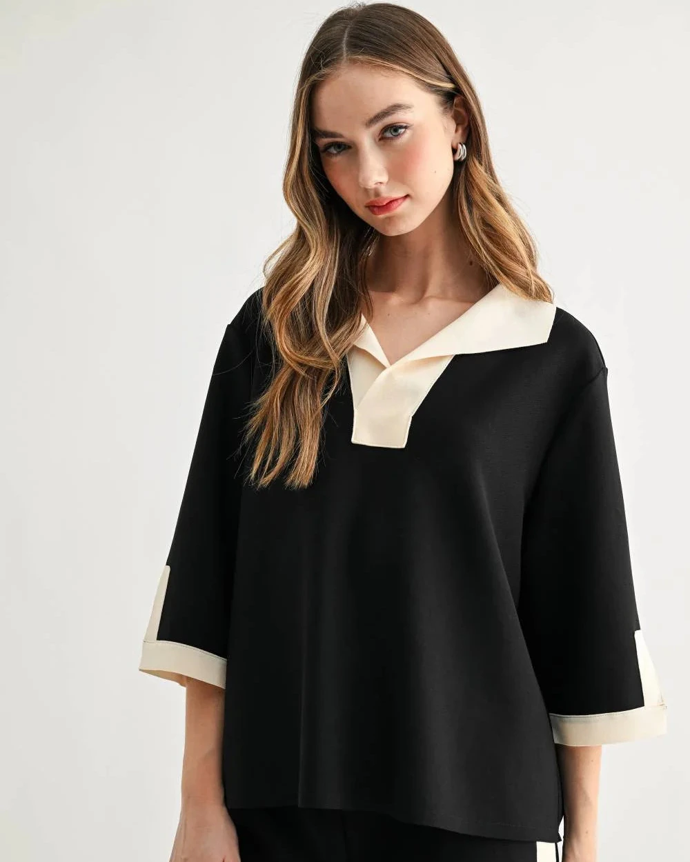 Katherine Top - Black by JOH APPAREL with cream notched collar and cuffed sleeves