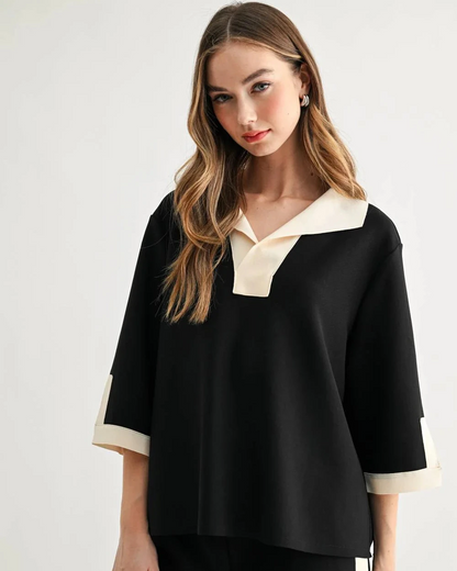 Katherine Top - Black by JOH APPAREL with cream notched collar and cuffed sleeves