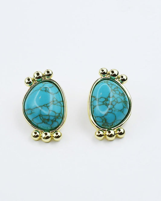 Turquoise Gold Serenity Studs with teardrop turquoise stones and gold beaded accents, curated Fredericksburg TX