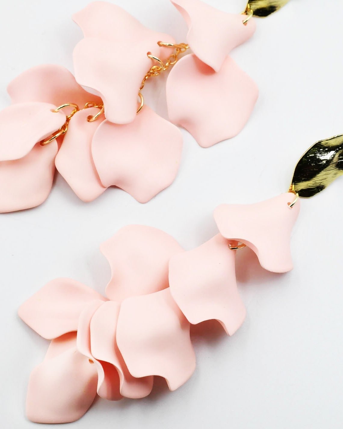 Dangle Petals Baby Pink D63 earrings with layered petals and gold accents, Treasure Jewels curated