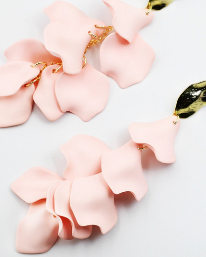 Dangle Petals Baby Pink D63 earrings with layered petals and gold accents, Treasure Jewels curated