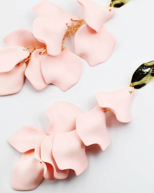 Dangle Petals Baby Pink D63 earrings with layered petals and gold accents, Treasure Jewels curated
