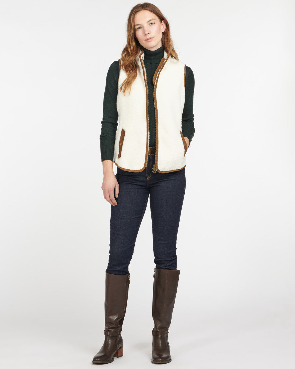 Burford Fleece sherpa vest in cream with brown trim, cozy layering from BARBOUR INC.