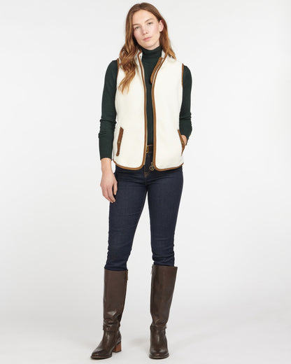 Burford Fleece sherpa vest in cream with brown trim, cozy layering from BARBOUR INC.