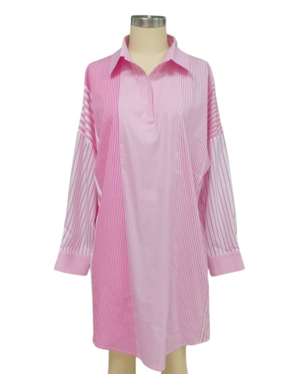 Preppy Patchwork Pink striped geometric dress with collar and cuffed sleeves by CARYN LAWN