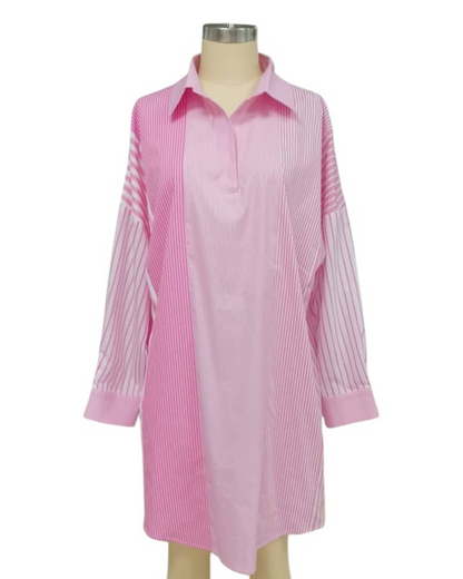 Preppy Patchwork Pink striped geometric dress with collar and cuffed sleeves by CARYN LAWN