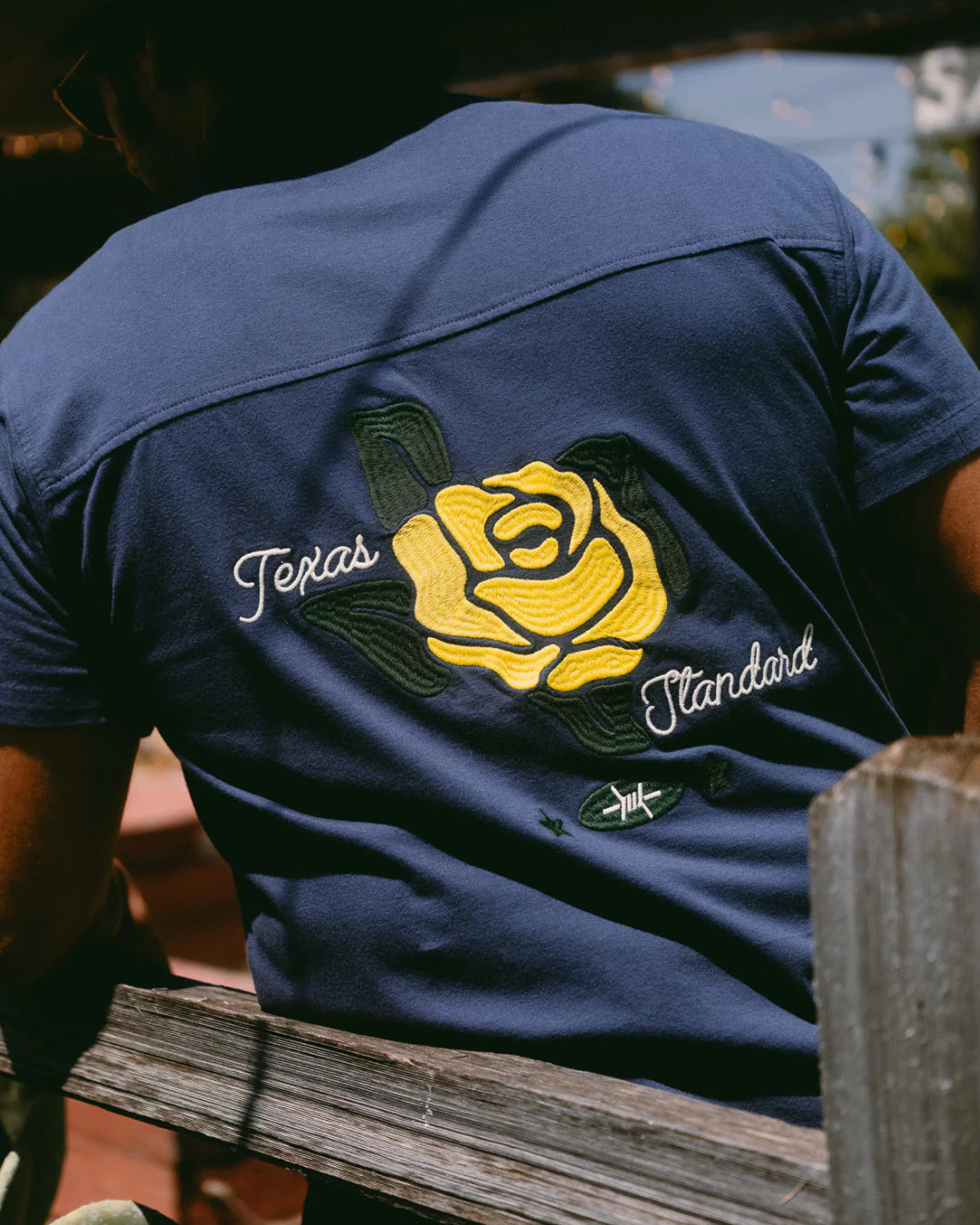 Drifter Shirt - Yellow Rose navy short sleeve with yellow rose embroidery by TEXAS STANDARD