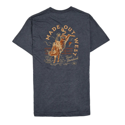 Heritage Printed Tee - Made Out West in blue-gray with vintage Texas rodeo artwork by TEXAS STANDARD