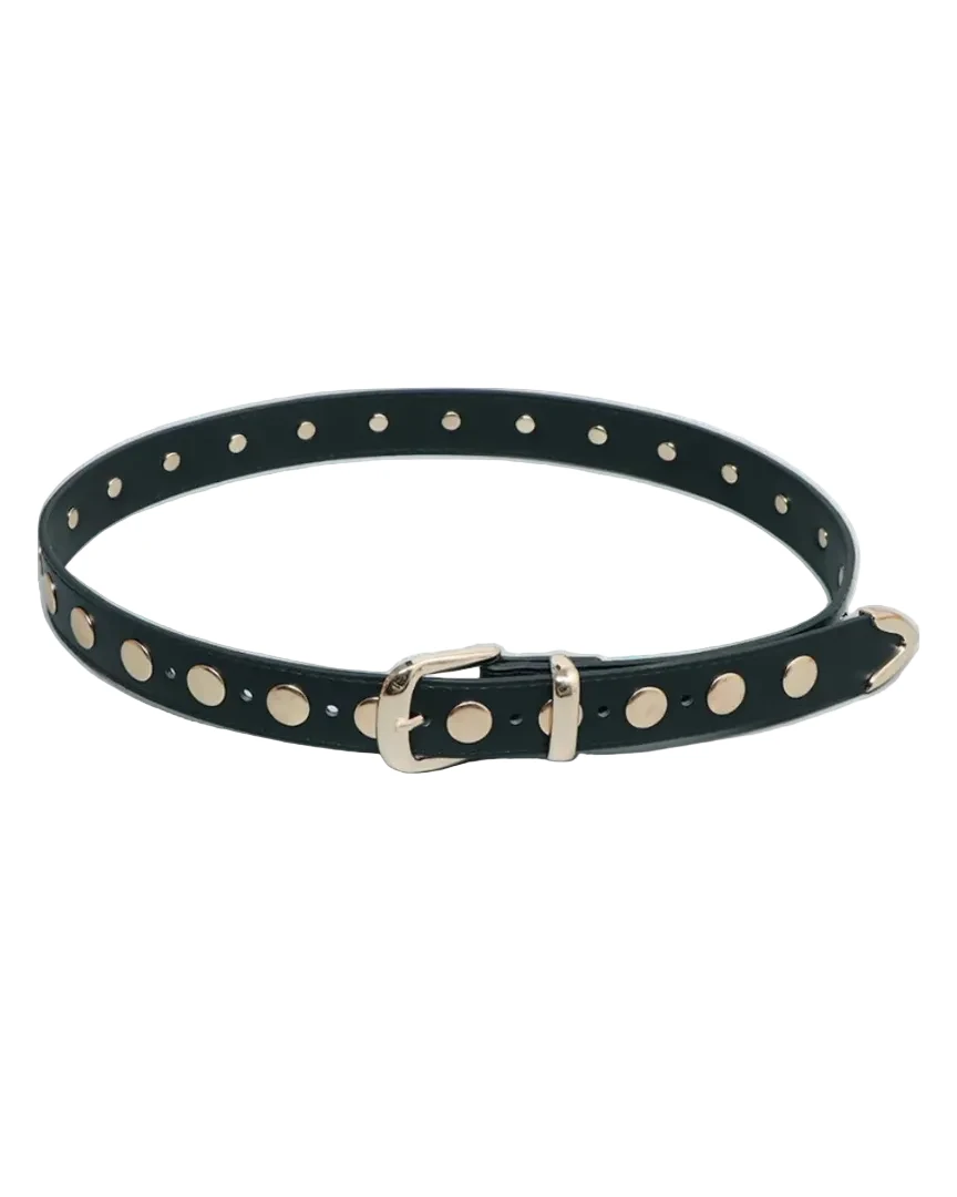 Black fully studded belt featuring silver eyelets all around and a silver-tone buckle
