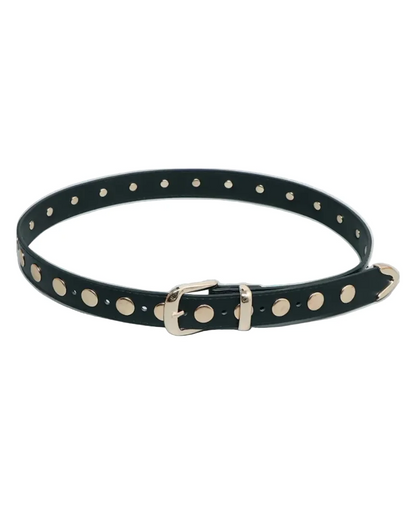 Black fully studded belt featuring silver eyelets all around and a silver-tone buckle
