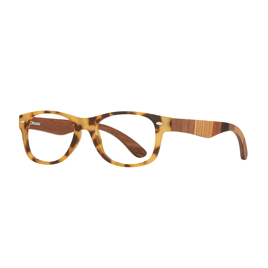 River eyeglasses, matte tort frame with multi-wood temple accents
