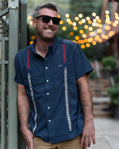 Guayabera Libre - Harrisburg navy short sleeve shirt with red and white trim by TEXAS STANDARD