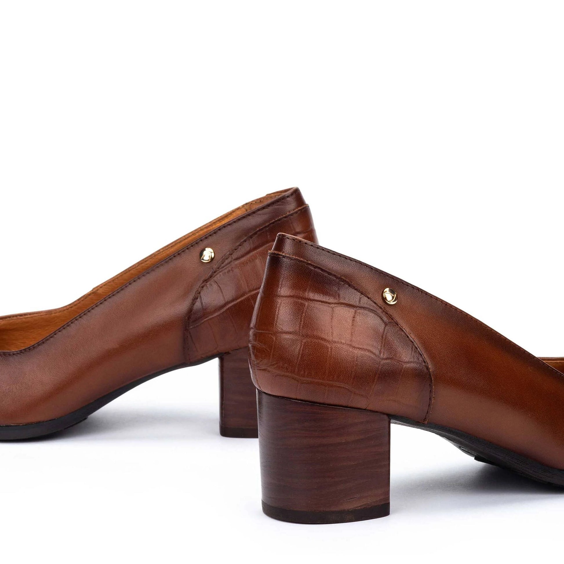 Calafat W1Z-5920C1 brown leather heels with embossed detail and block heel, PIKOLINOS Women's Shoes HCO