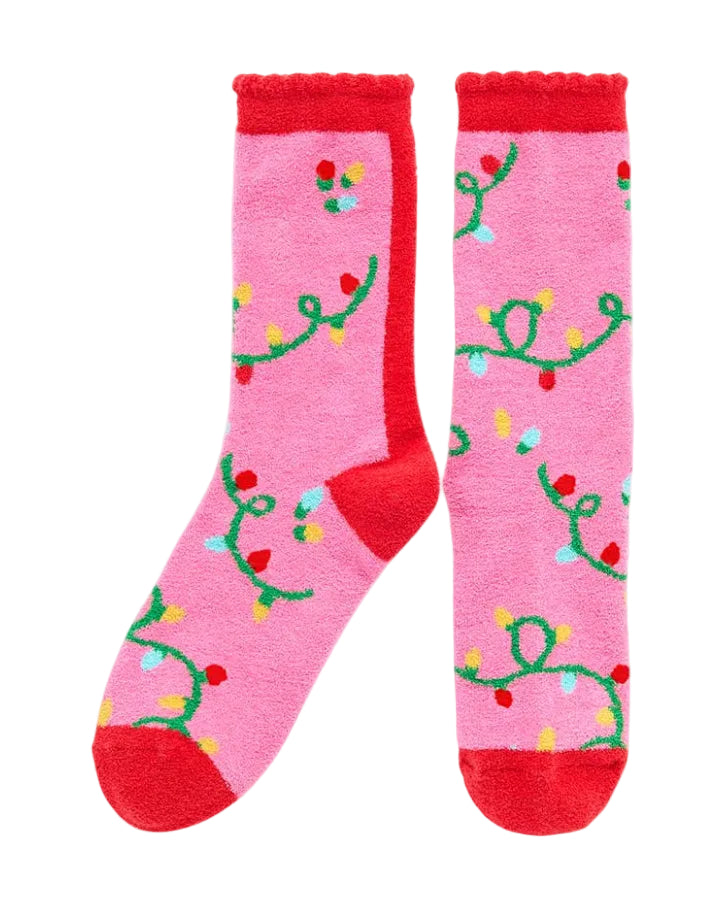 String Lights Socks in pink with green geometric string light design, cozy fit by SHIRALEAH at HCO