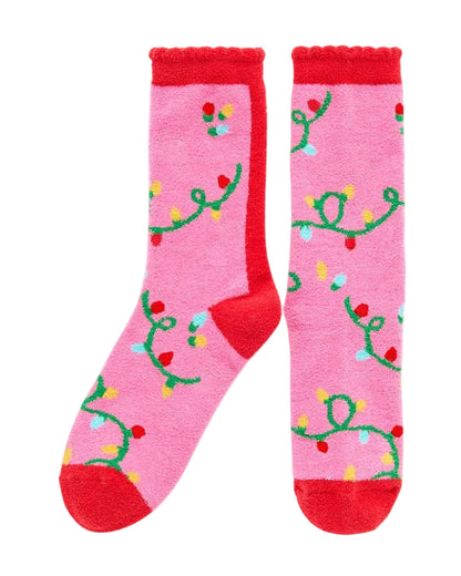 String Lights Socks in pink with green geometric string light design, cozy fit by SHIRALEAH at HCO
