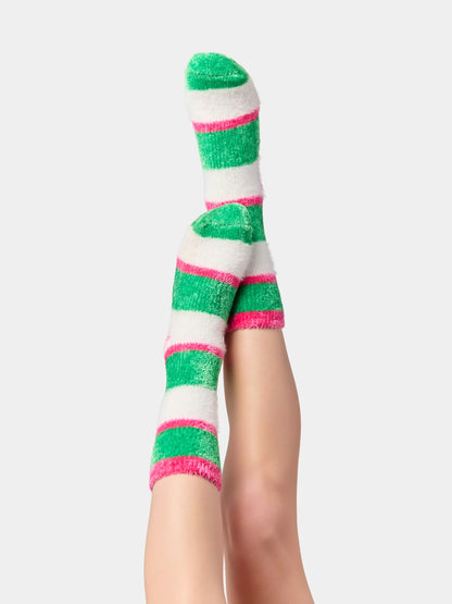 Fuzzy Stripe Socks with green, white, and pink stripes, cozy and grippy, HCO Women's Arrivals