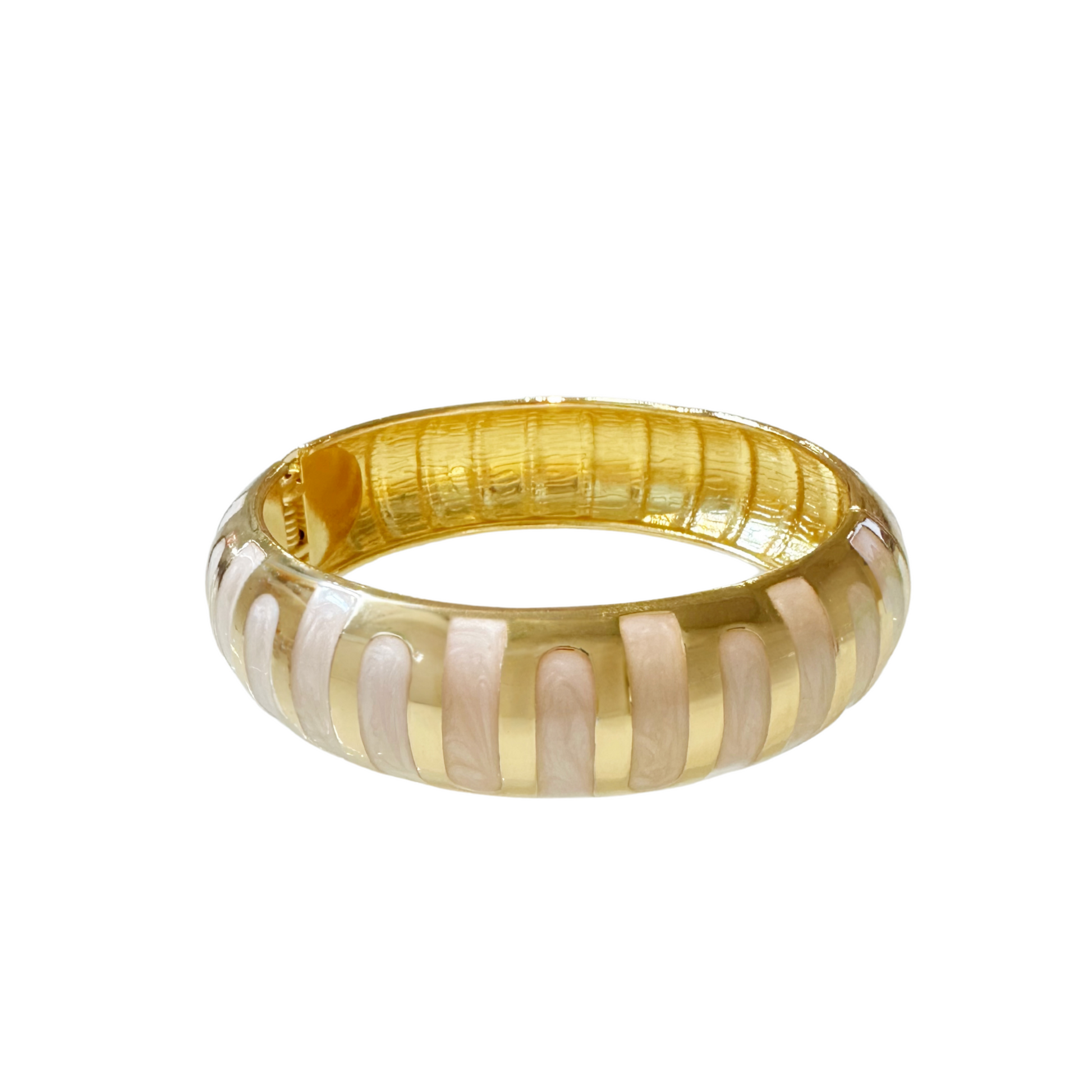 Bali Bangle Armreif mit hellrosa und elfenbeinfarbenen Streifen, goldfarbener Fassung