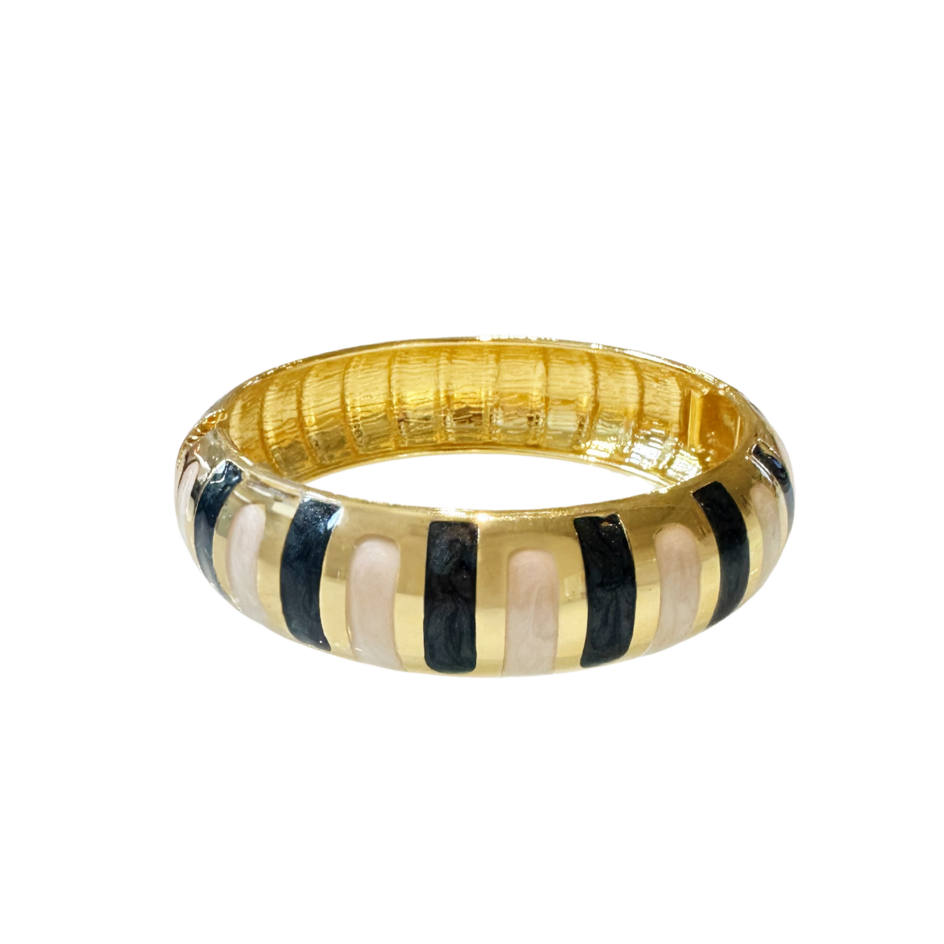 Bali Bangle Armreif mit dunkelblauen/ schwarzen und elfenbeinfarbenen Streifen, goldfarbig