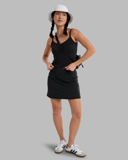 Kush Skort - Black in moisture-wicking stretch fabric with thigh pockets, KUHL Women's Skirts, Fredericksburg TX