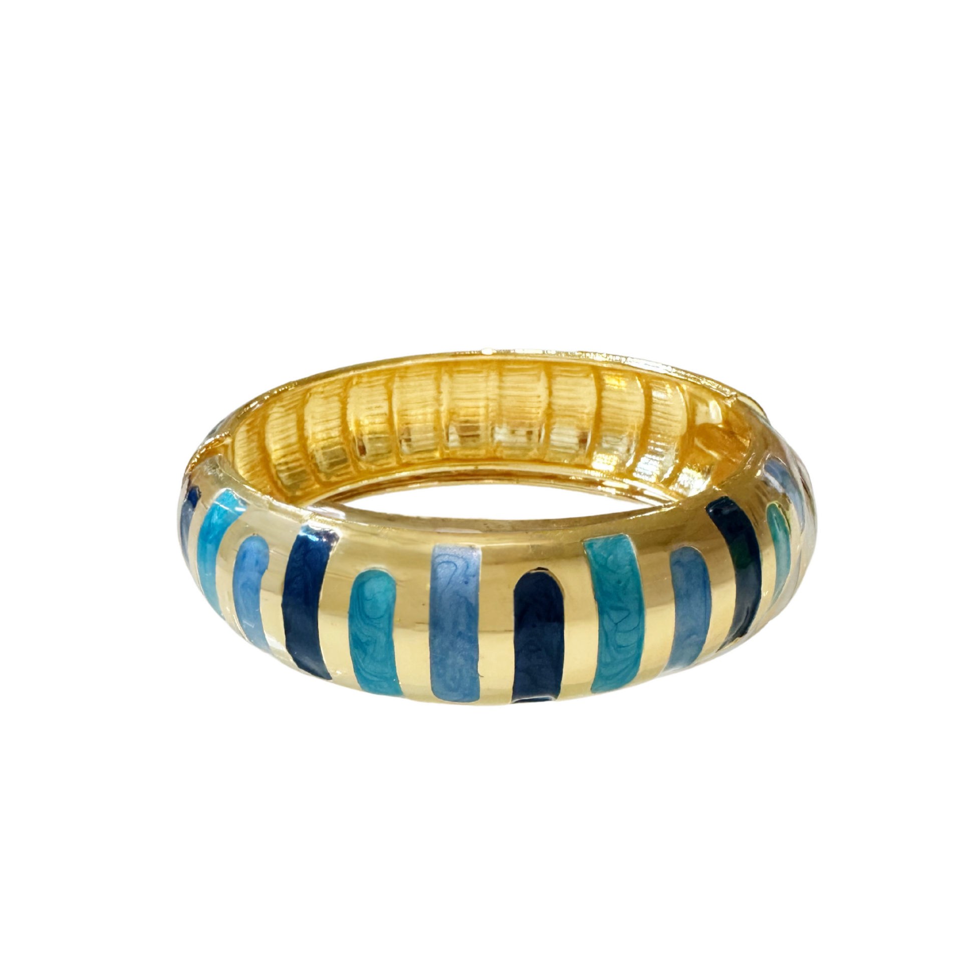 Bali Bangle Armreif mit türkis-, blau- und dunkelblauen Streifen, goldfarbene Kante