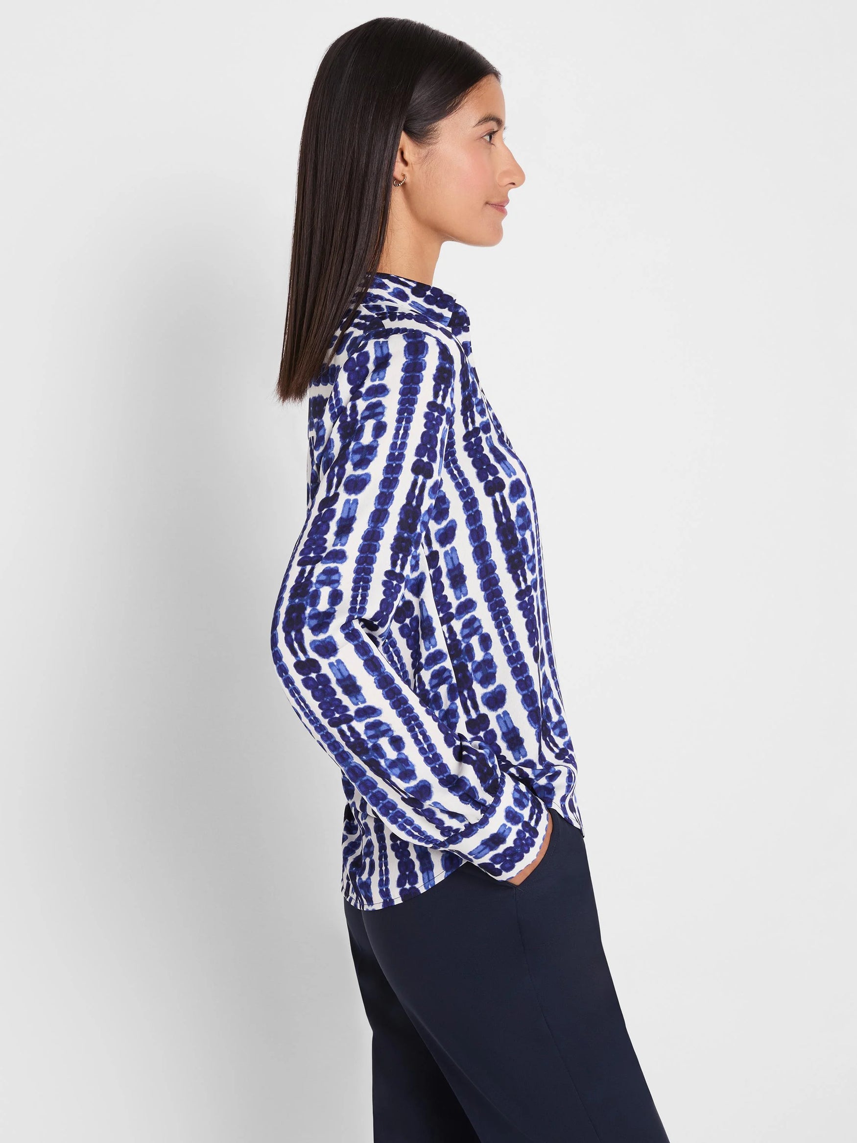 Shibori Stripe Top in blue with shirt collar and bishop sleeves by NIC AND ZOE, Fredericksburg TX boutique