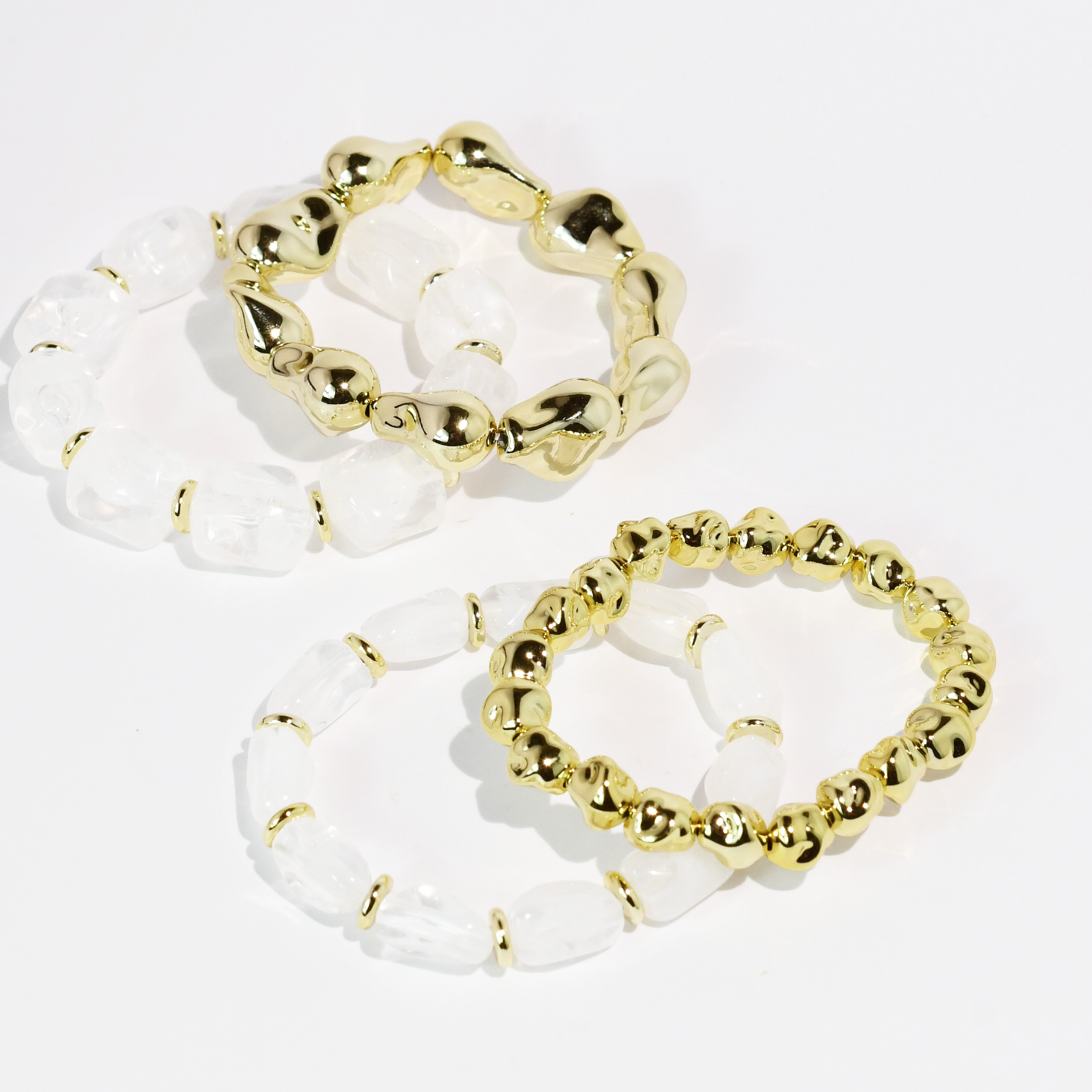 Clear All Day Bracelet Set with luminous clear beads and bold gold accents, Treasure Jewels, Fredericksburg TX