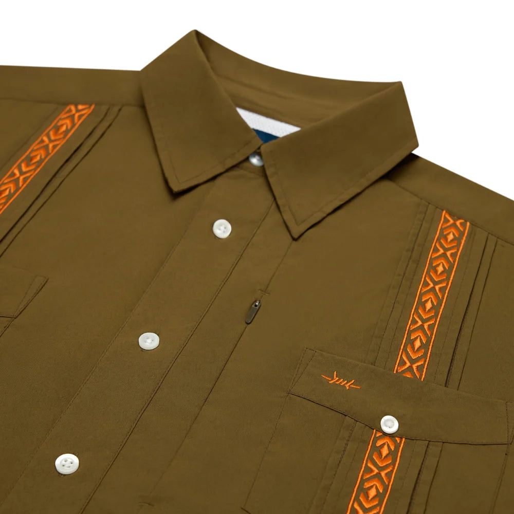 Guayabera Libre - Camino Green brown and green geometric moisture-wicking shirt by TEXAS STANDARD