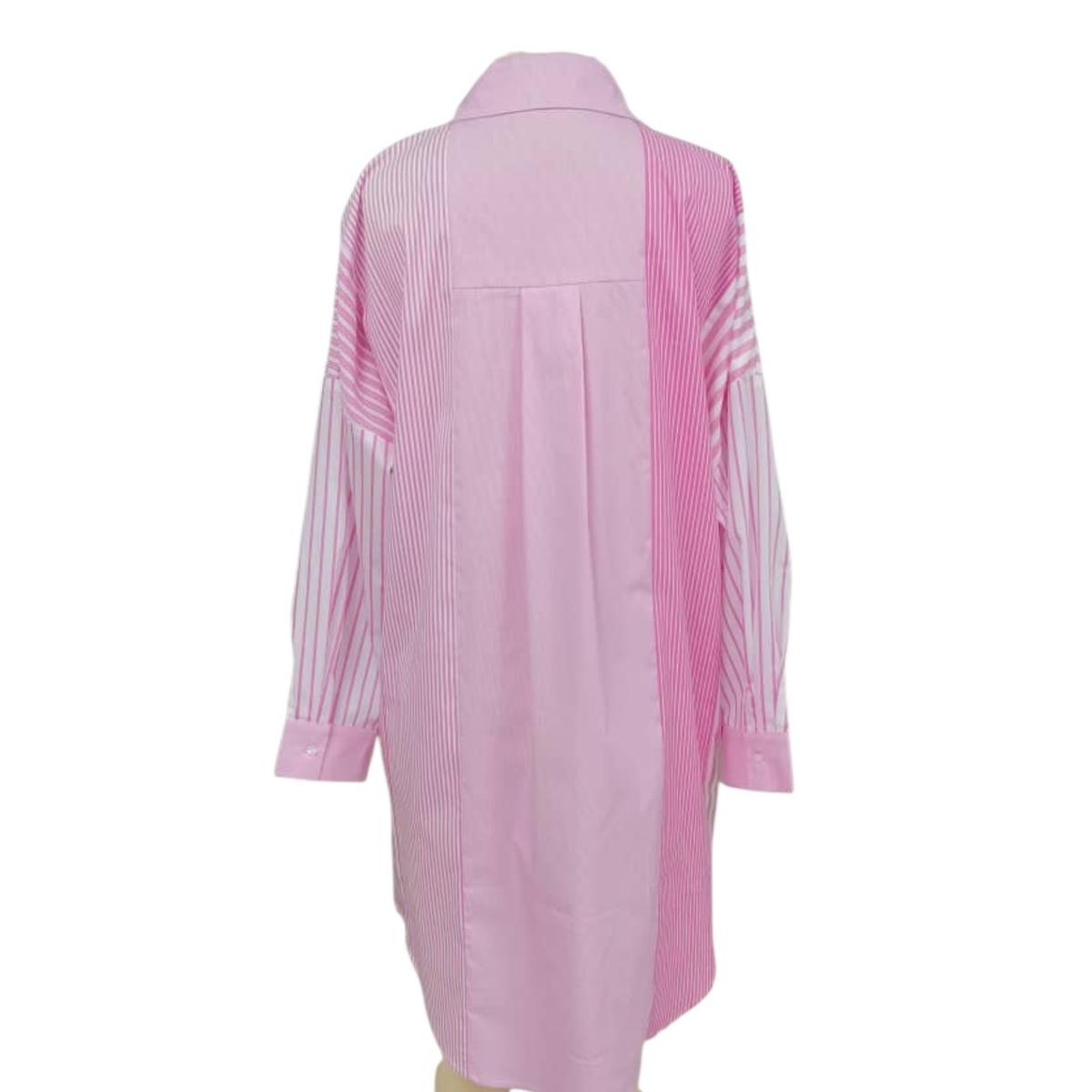 Preppy Patchwork Pink shirt dress with striped geometric pattern, cuffed sleeves by CARYN LAWN