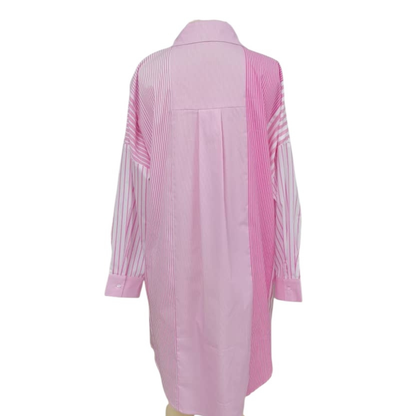 Preppy Patchwork Pink shirt dress with striped geometric pattern, cuffed sleeves by CARYN LAWN