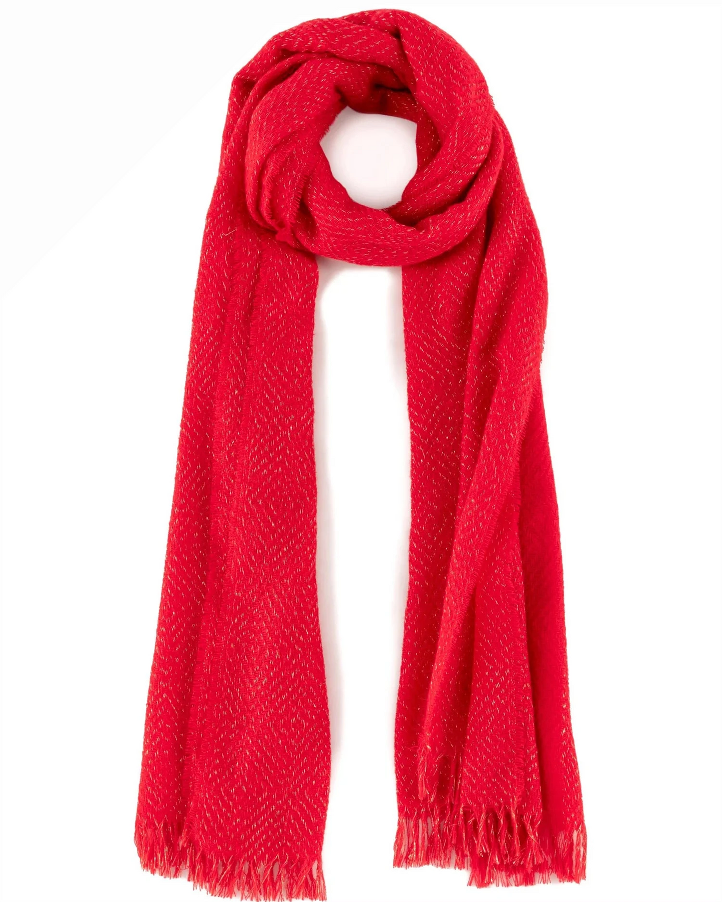 Belle Scarf in vibrant red with subtle lurex thread and raw tufted hem, artisan accessory