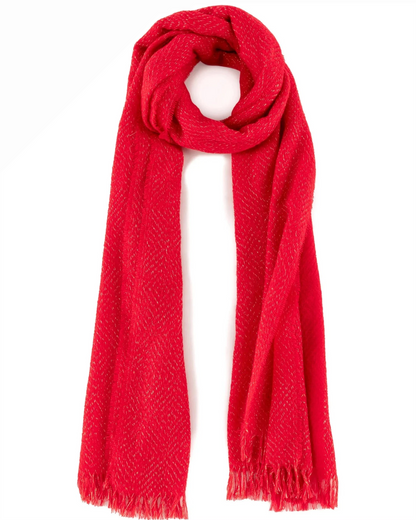 Belle Scarf in vibrant red with subtle lurex thread and raw tufted hem, artisan accessory