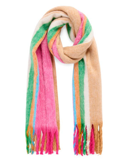 Mina Scarf with multicolor stripes and fringed edges, handcrafted for HCO Fredericksburg style