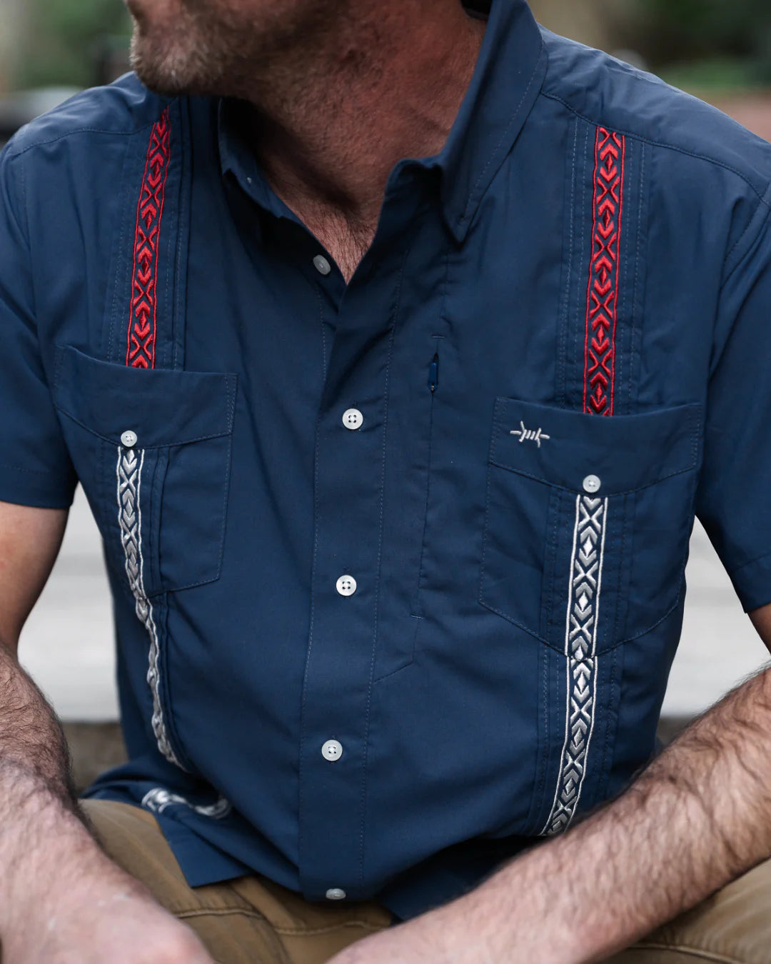 Guayabera Libre - Harrisburg navy shirt with geometric red and white trim by TEXAS STANDARD