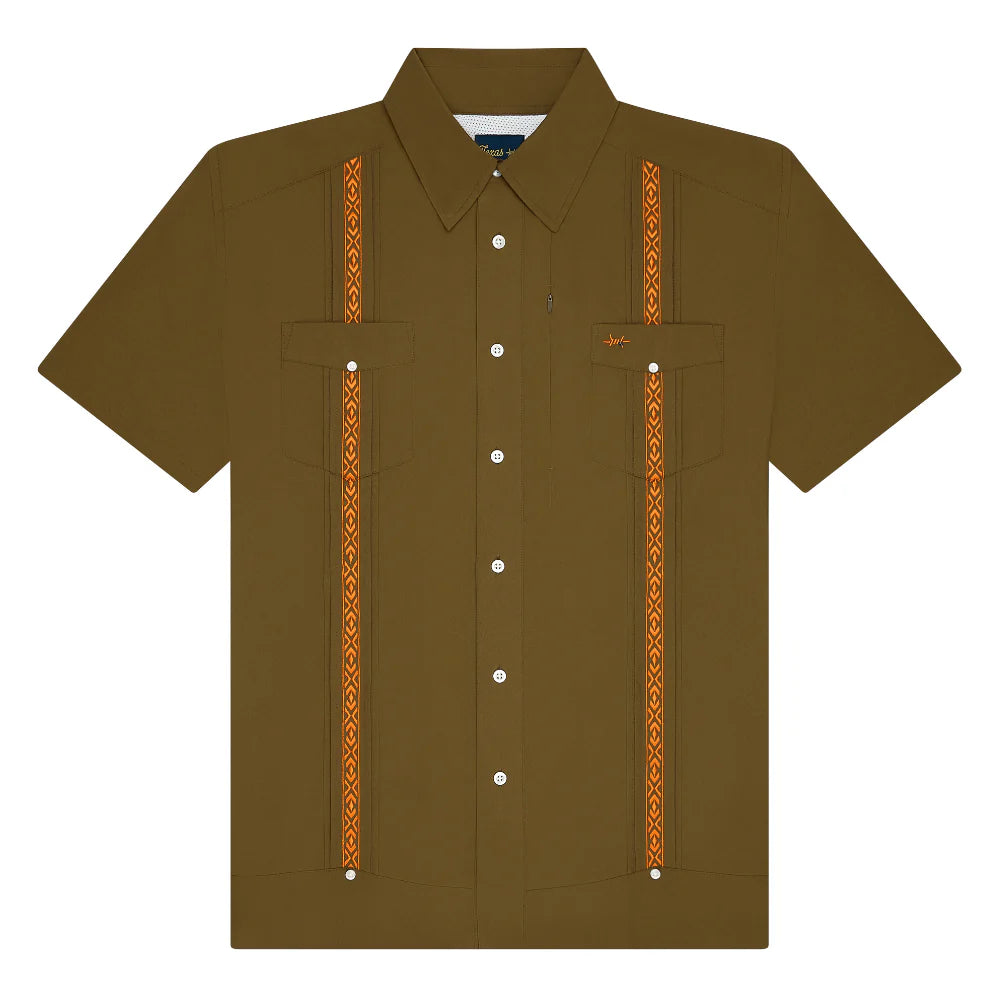 Guayabera Libre - Camino Green brown and green geometric moisture-wicking shirt by TEXAS STANDARD