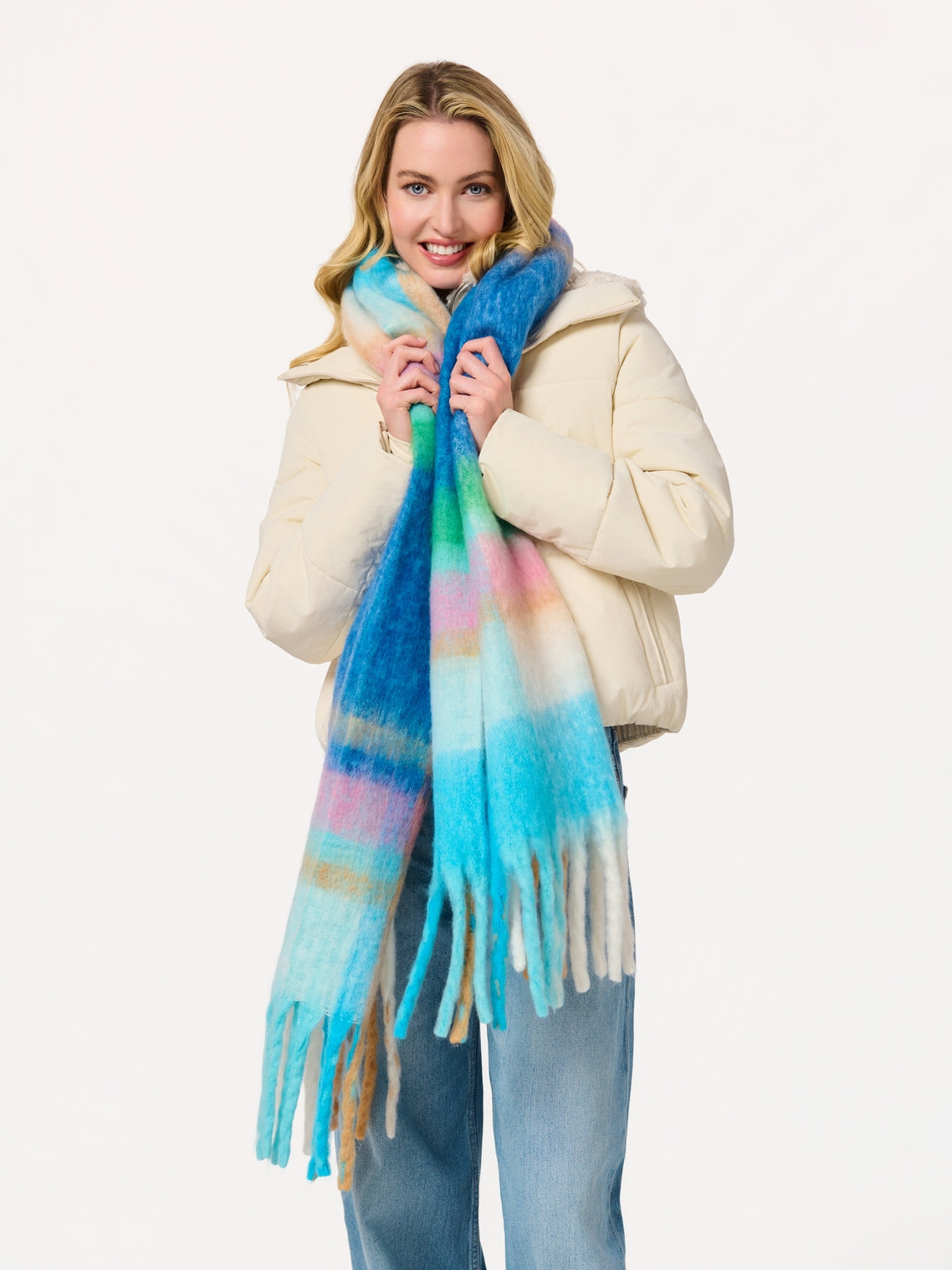 Lola Scarf in soft tie-dye hues with fringe, styled for effortless Hill Country charm at HCO FBG