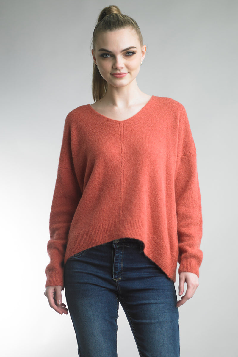 V-neck sweater in teal blue, long sleeves, ribbed cuffs and hem