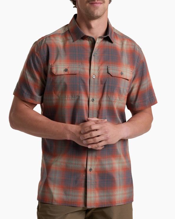 Response SS - Ember Red short sleeve plaid shirt by KUHL, moisture-wicking and UV protected