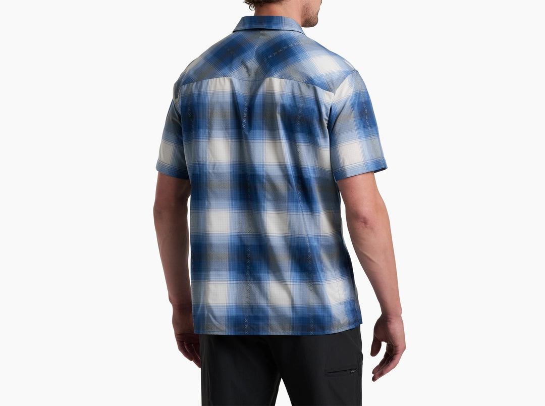 Konquer SS - Shoreline men's plaid shirt in blue with moisture-wicking stretch, KUHL quality