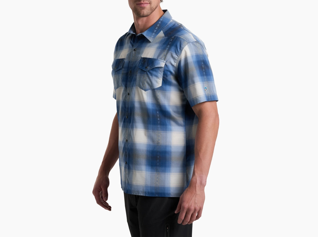 Konquer SS - Shoreline men's blue plaid short sleeve shirt with moisture-wicking stretch