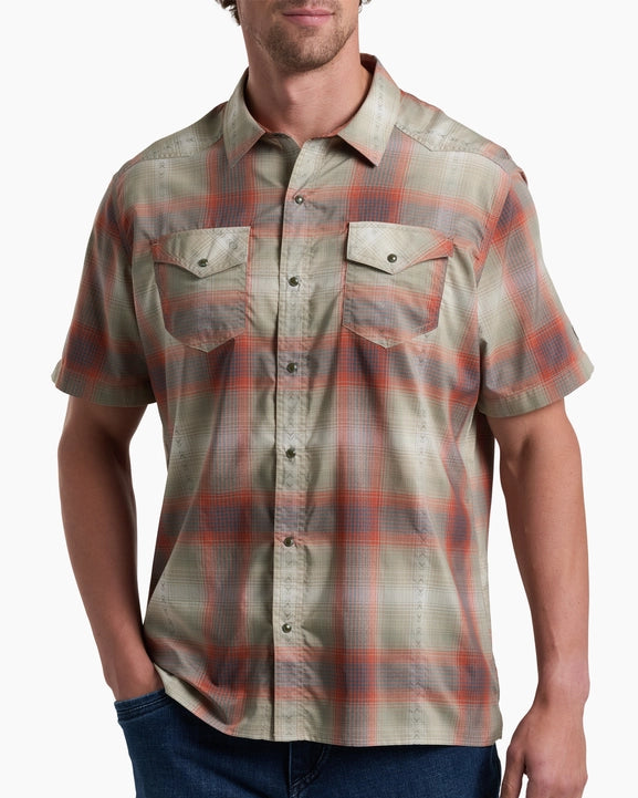 Konquer SS - Sunset Haze men's plaid shirt with moisture-wicking, quick-dry, and stretch features