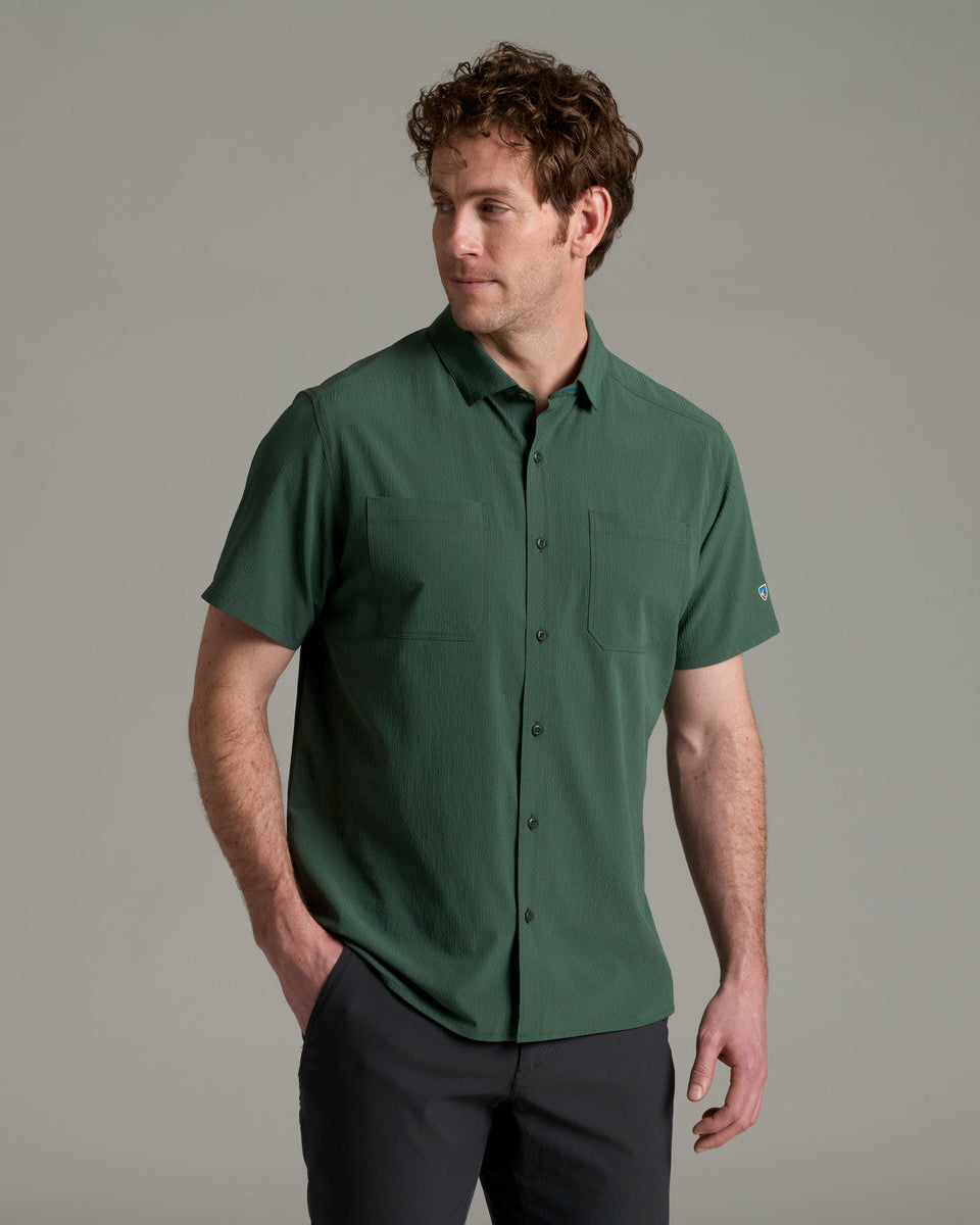 Edge SS men's short sleeve shirt in green with moisture wicking, quick-dry fabric, curated Fredericksburg