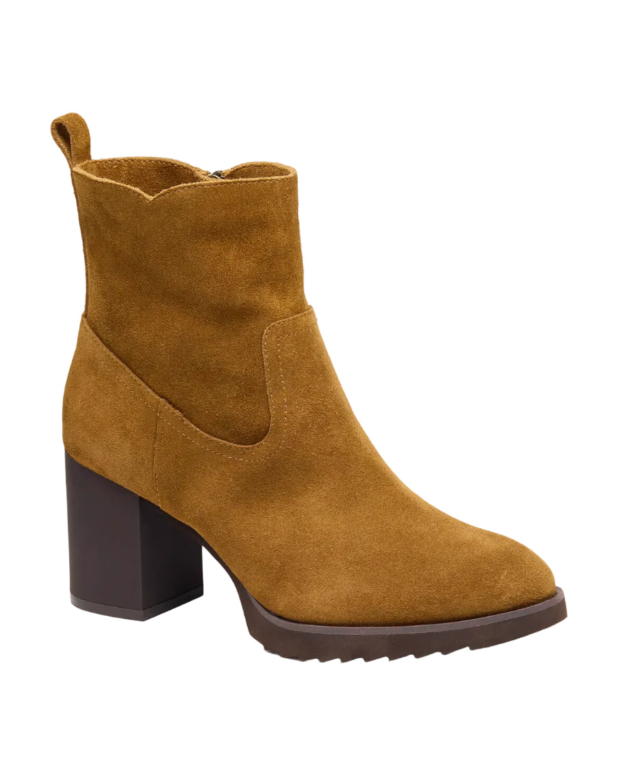 Brown suede ankle boots with stacked block heels and side pull tabs