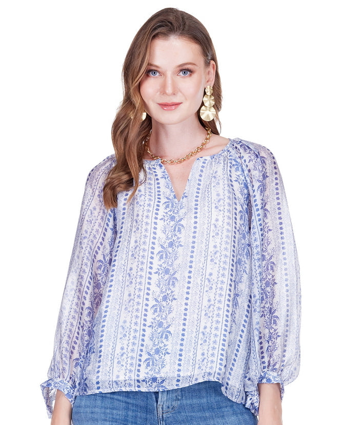 Peasant Bishop Sleeve Top - Porcelain Garden in blue floral print with airy fit by JOY JOY